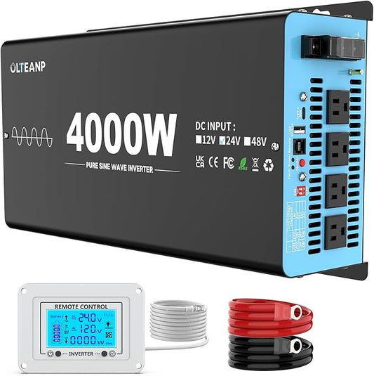 New 24V 4000 Watts Pure Sine Wave Inverter, 24V DC to 110V AC Power Inverter with 4 AC Outlets, USB Port, Type-C Port for Truck, Vehicle, Power Outage, Remote Control with LCD Screen