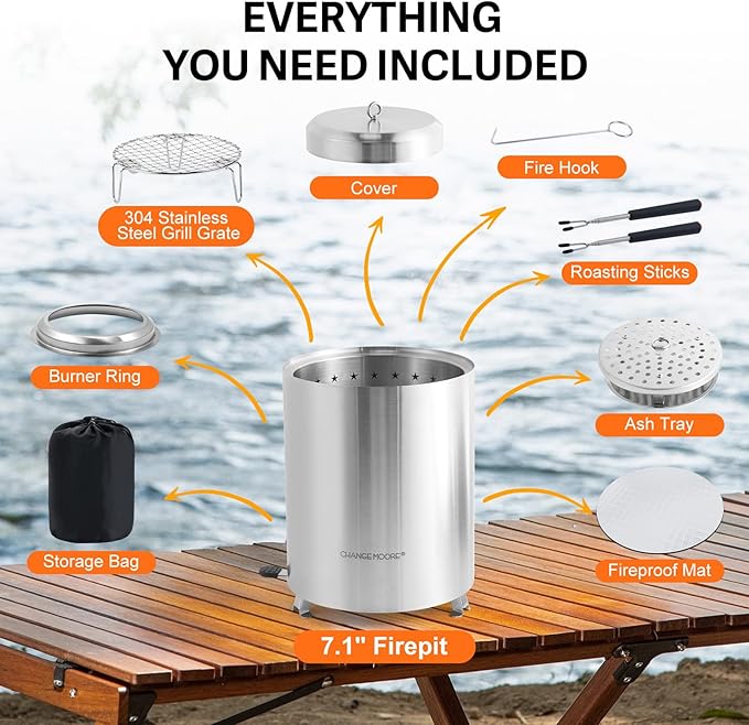 CHANGE MOORE Table Fire Pit Set, Portable Smokeless Firepit with Flodable Stand, Secondary Burn Fueled by Pellets or Wood, 201 Stainless Steel Table Top Firepit for Patio, Camping, Backyard
