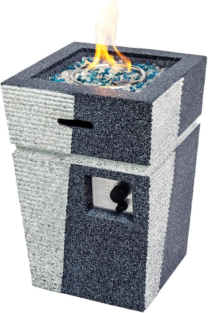 20" Outdoor Propane Gas Fire Pit Table, 40,000 BTU Auto-Ignition Concrete Gas Firepit, Magnesium Oxide Cylinder Design, Side Handles and Cover, Mix Color Glass Rocks