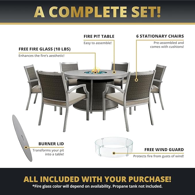 7-Pieces Patio Furniture Set with 52" Round Fire Pit Table, 6 x Patio Dining Chair with Cushions, 50,000 BTU, with CSA Certified, All-Weather Aluminum Frame Conversation Sets for Yard, Patio, Garden