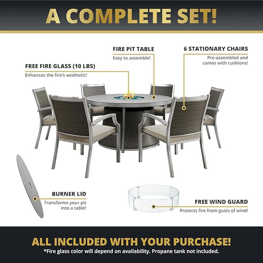 7-Pieces Patio Furniture Set with 52" Round Fire Pit Table, 6 x Patio Dining Chair with Cushions, 50,000 BTU, with CSA Certified, All-Weather Aluminum Frame Conversation Sets for Yard, Patio, Garden