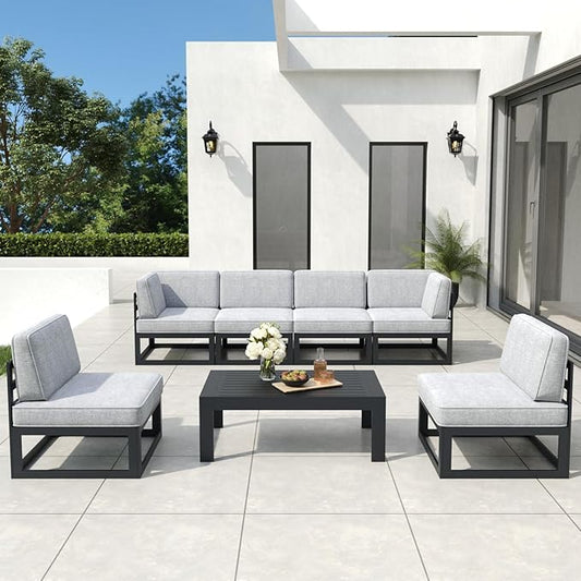 7 Pieces Aluminum Patio Furniture Set with Coffee Table, Metal Outdoor Conversation Sofa Set with Seating Cushions