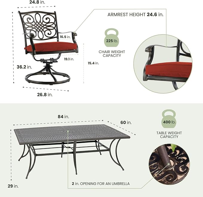Hanover Traditions 11-Piece Modern Outdoor Dining Set with Rust Resistant Cast Aluminum Rectangular Large Dining Table and 10 Swivel Rocker Chairs with Plush Weather Resistant Red Cushions
