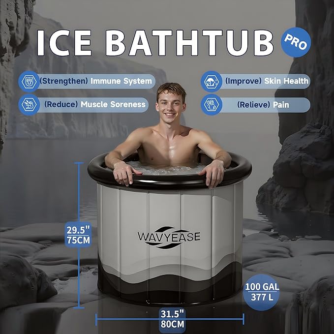 WAVYEASE Upgraded Portable Cold Plunge Tub for Athletes & Adults | 100 GAL Foldable Ice Bath with Insulative Cover | Instant Setup for Indoor & Outdoor Recovery (Grey)
