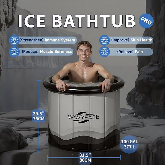 WAVYEASE Upgraded Portable Cold Plunge Tub for Athletes & Adults | 100 GAL Foldable Ice Bath with Insulative Cover | Instant Setup for Indoor & Outdoor Recovery (Grey)