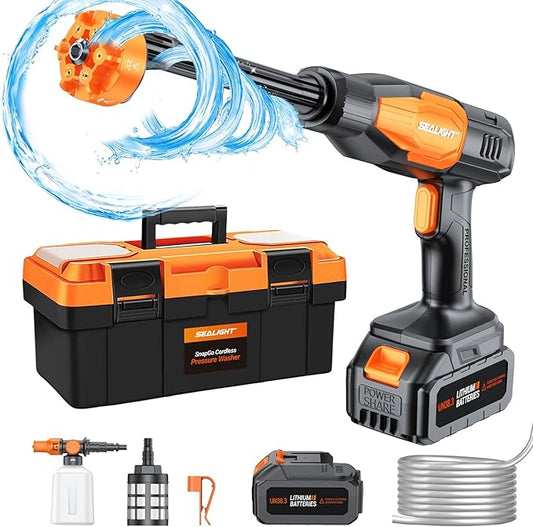 SEALIGHT Cordless Pressure Washer Portable Power Washer, 970PSI Portable Car Washer with 3.0Ah Battery 6-in-1 Nozzle Carry Box Battery Operated Power Washer for Cars, Fences, Patio, Bikes Cleaning