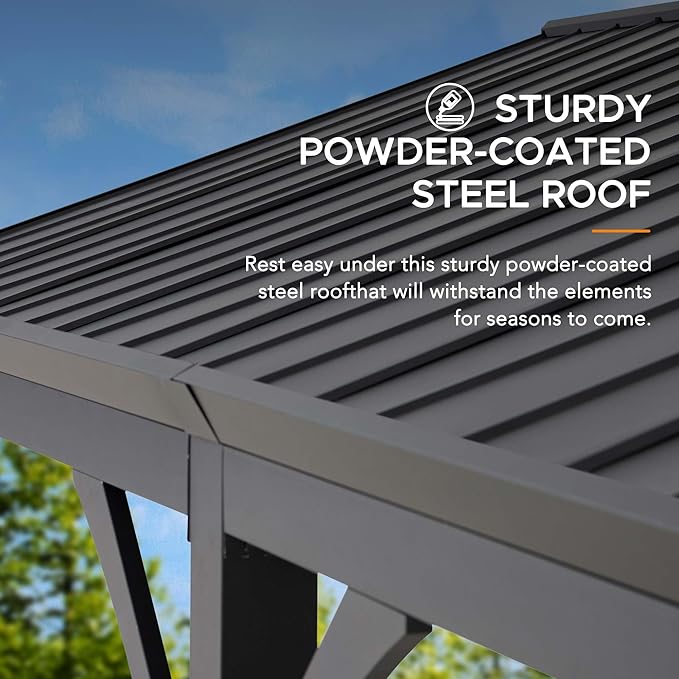 SUNJOY Carport 14 ft. x 20 ft. Hardtop Gazebo Heavy Duty Garage Car Shelter with Brown Powder-Coated Steel Roof/Black Frame and 2 Ceiling Hooks, Shade for Backyard, Patio Lawn and Garden