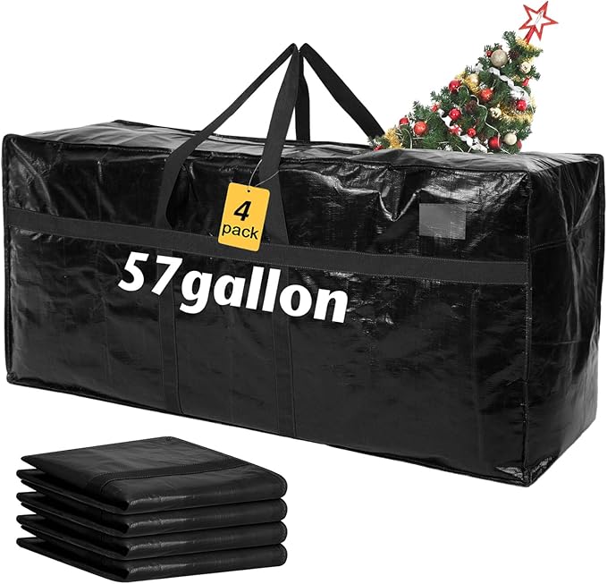 Windyun 4 Pack 57 Gallon Extra Large Storage Bags XXL Moving Bags with Zipper Handles Heavy Duty Jumbo Big Tote Box for Christmas Tree Storage 4, 5, 7.5, 9, 10, 12 ft Skeleton College Dorm(Black)