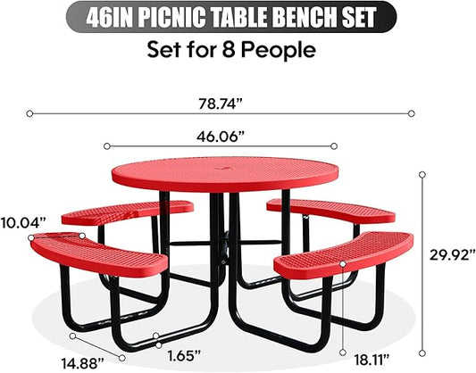 8-Person Outdoor Picnic Tables,46" Heavy-Duty Metal Round Picnic Table,Expanded Metal Commercial-Grade Table with 4 Benches & Umbrella Hole,Waterproof Coating Beach Table for Patio,Garden, Backyard