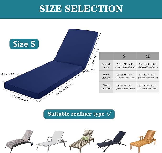 Outdoor Chaise Lounge Cushion Set of 2, Fadesafe Water-Repellent Lounge Deck Reclining Chair Cushions for Patio Furniture Lawn Pool Resort Hotel, 72x21x3 Inch, Navy