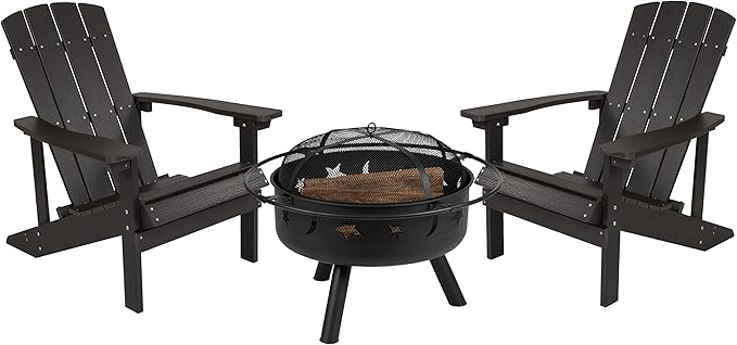 EMMA + OLIVER Campfire Set - Two Slate Poly Resin Adirondack Chairs - 29" Star and Moon Fire Pit with Mesh Cover - Weather Resistant - Wood Burning Fire Pit