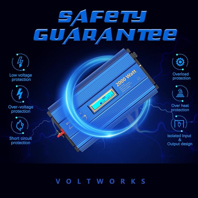 VOLTWORKS 24 Volt 2000W Pure Sine Wave Power Inverter 24V DC to 110V 120V AC and Hardwire Block with LCD Display Remote Controller Compatible with Lithium Battery for Off-Grid Solar RV Car Truck Boat