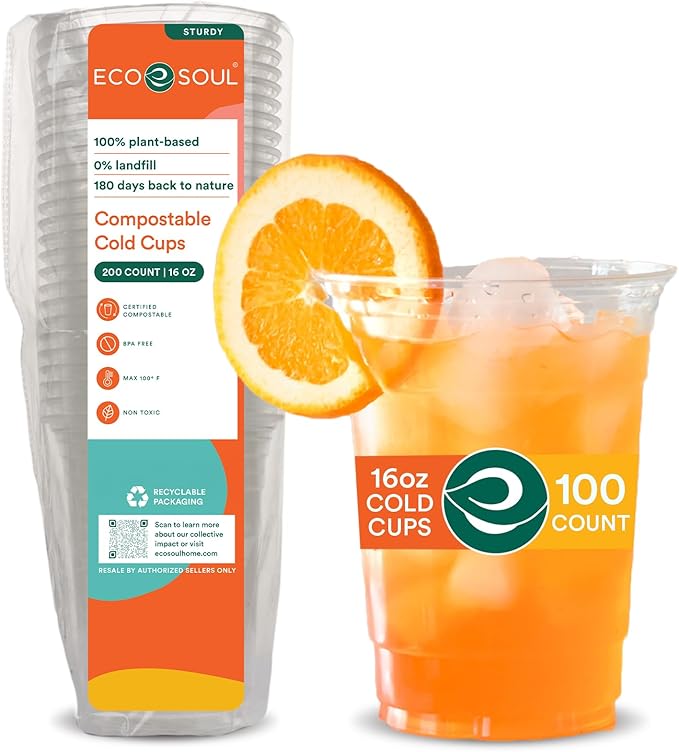 ECO SOUL 100 Pack Compostable Party Cups 16 oz Plant-Based Disposable Clear Cold Cup for Wine, Coffee, Smoothie & Soda Drinks | Cocktail Parties & Birthdays | Non-Toxic & BPA-Free Zero Plastic Glass