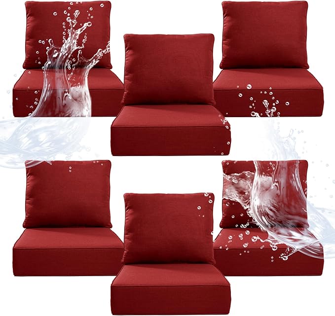6" Thicker Outdoor Chair Cushion 6 Sets - 24" *24" *6" Waterproof Patio Furniture Cushions with Removable Cover, 28D High Density Sponge Filling Thicken Outdoor Patio Cushions - Red