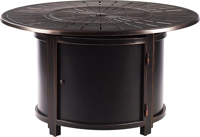 Oakland Living Aluminum 57,0000 BTU 44 in. Round Propane Black Fire Pit Table with Fire Beads, Lid, Propane Tank Cover and Table Fabric Covers in Copper Finish, (AZNOBU-FPT-AC)