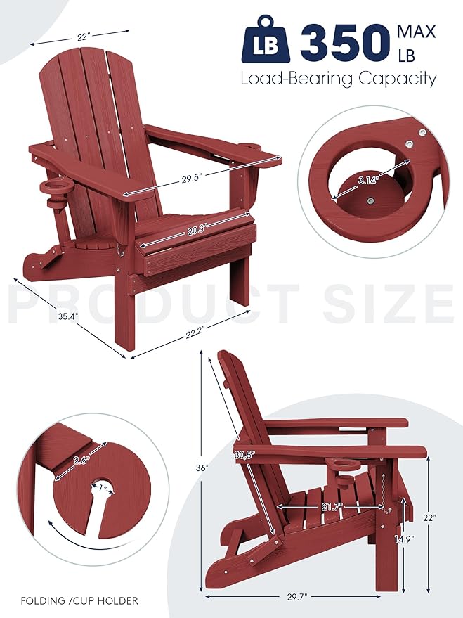 KINGYES Folding Adirondack Chair Set of 6, Dual Cup Holders & All-Weather HDPE, Wood-Like Patio Chair for Backyard, Camping, Pool & Fire Pit, Dark Red