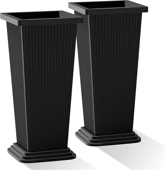 Tall Planters Set of 2, Large Indoor Outdoor Flower Pots with Tray Modern Tapered Planter for Patio, Garden, Porch, Backyard (Black Ribbed)