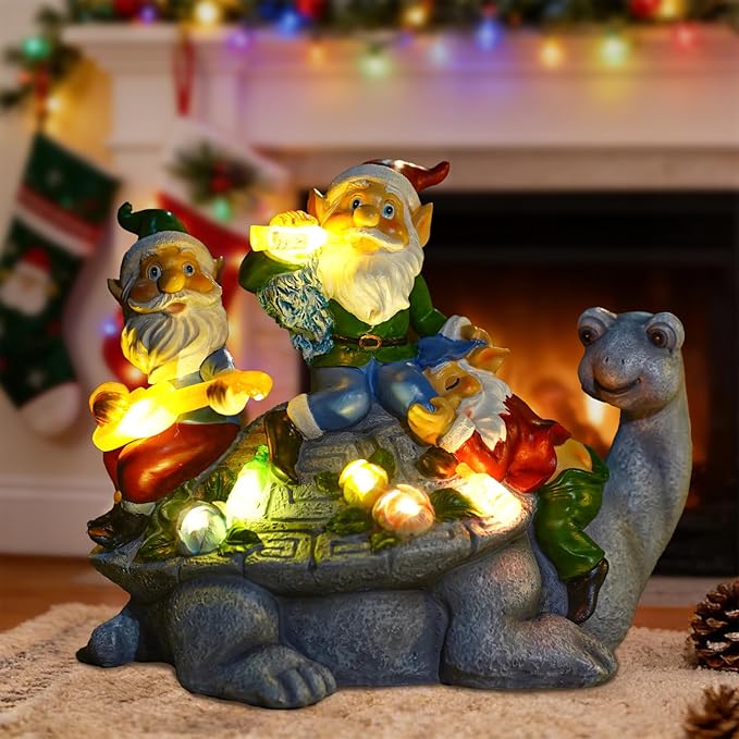 NATASE Solar Garden Outdoor Statues Gnome Turtle Three Gnomes Having Party on Turtle with 7 LED Lawn Decor Outside Decorations for Patio, Balcony, Yard Ornament Unique Garden Gift