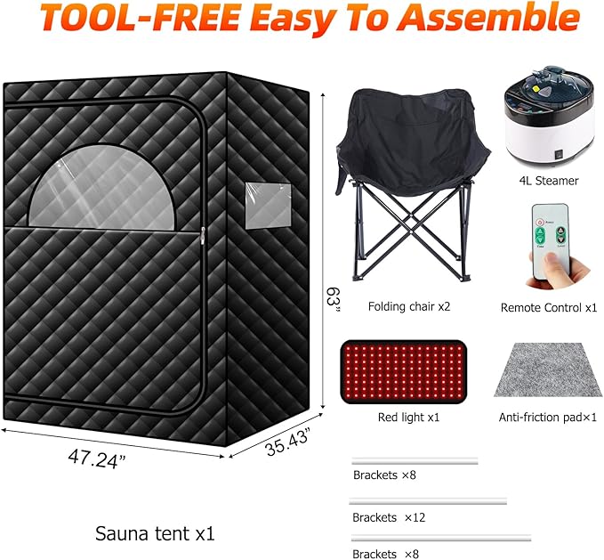 Portable Infrared Steam Sauna with 660nm Red Light Therapy, 2 Person Infrared Saunas Tent with 4L Steamer, 2 Large Folding Chair, Full Size Indoor Home Spa for Relaxatiom & Detox
