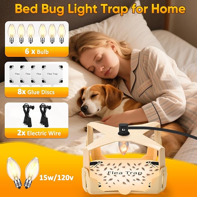 Flea Trap for Inside Your Home - 6 Bulbs & 8 Sticky Glue Boards for Bed Bug Control, Flying Insects Killer, Trap Pest Control for Bugs Gnats Moths Indoor and Outdoor（Off-White）