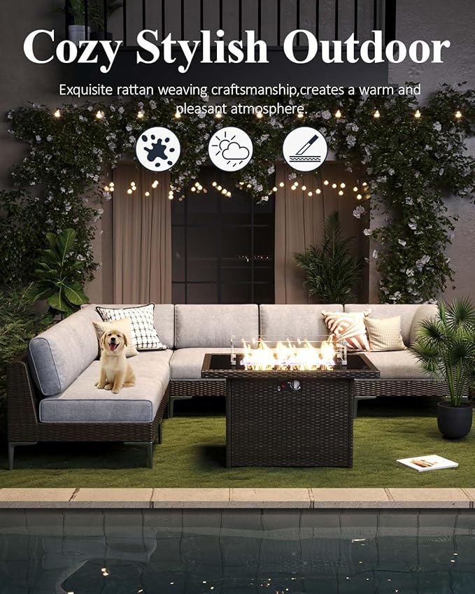 LayinSun 11-Piece Outdoor Modular Wicker Sectional Sofa with Fire Pit Table, Patio Furniture Conversation Set with Deep Seating and Thick Cushions