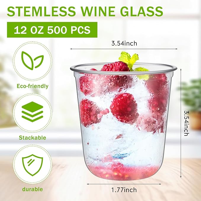 500 Pcs Disposable Stemless Glasses 12oz Crystal Plastic Wine Glasses Clear Classic Pet Cup for Meeting Weddings Birthdays Cocktail Christmas Party Supplies (Clear)