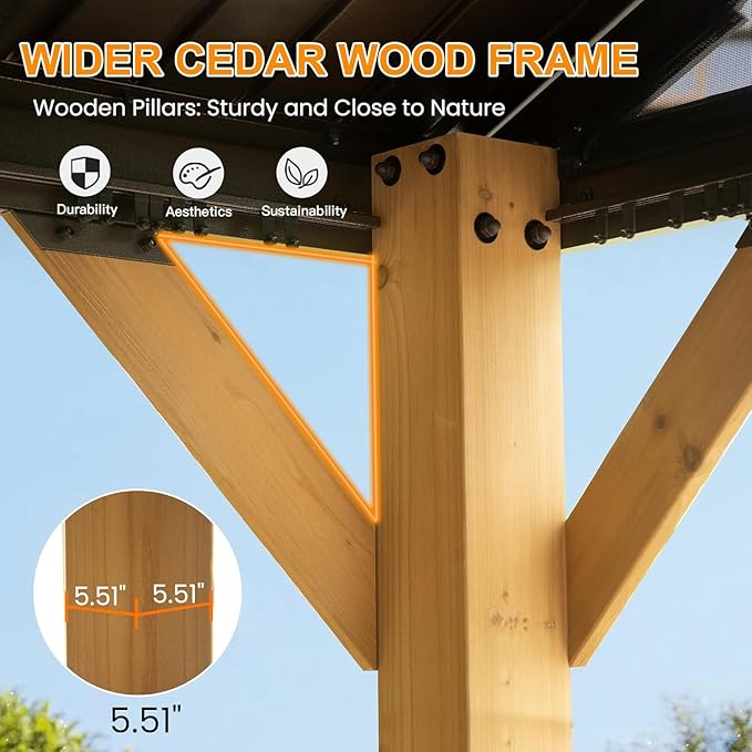 Domi Cedar Wood Gazebo 12’x20’ Hardtop Gazebo with Galvanized Steel Gable Roof, Outdoor Gazebos for Patio, Permanent Pergola for Deck, Backyard