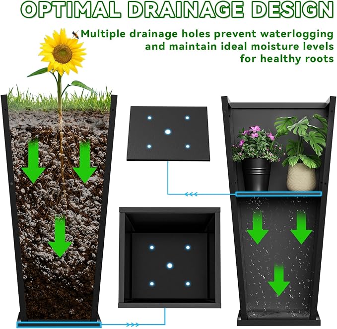 Tall Metal Planter Box, 15" L x 15" W x 30" H 2-Pack Outdoor Planters with Removable Tray, Heavy Duty Steel Front Porch Planters for Patio, Balcony, Indoor(Black)