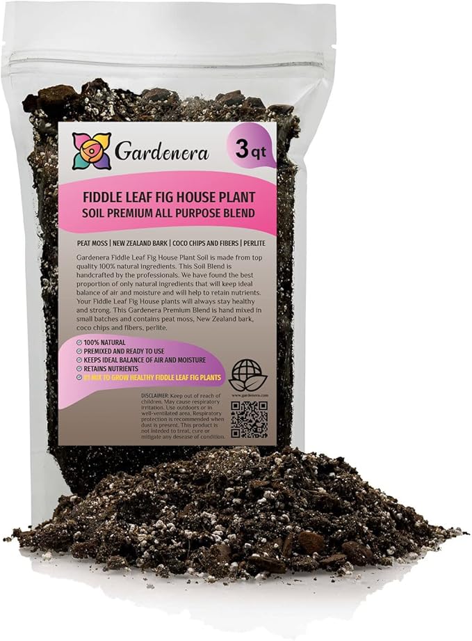 Gardenera Fiddle Leaf Fig House Plant Soil Premium All Purpose Blend - Peat Moss, New Zealand Bark, Coco Chips and Fibers, Perlite - 3 Quart Bag