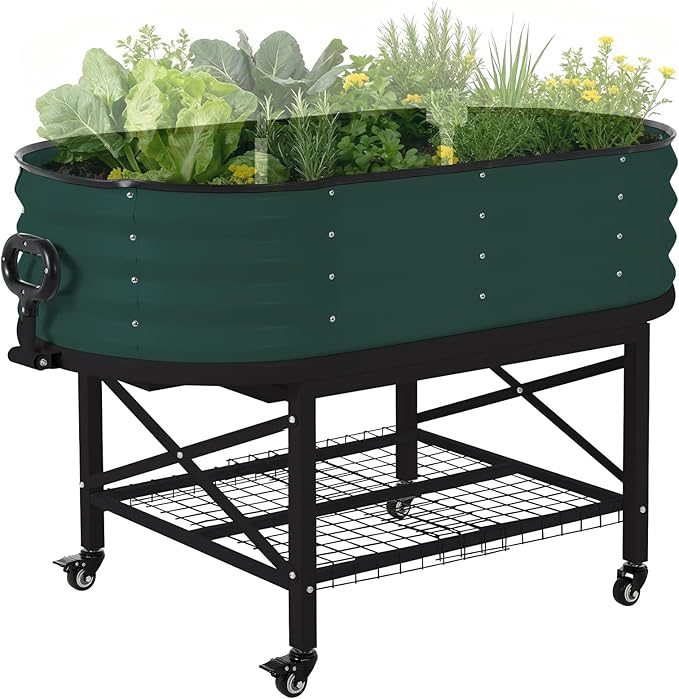 Oval Galvanized Raised Garden Bed Kit with Legs & Storage Rack for Patio, Easy Assembly, Thick Metal Outdoor Planter Box for Vegetables, Flowers, Patio Gardening, Green