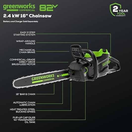 Greenworks 82V 16" Brushless (2.4 kW) Cordless Chainsaw (225 Cuts Per Charge), 4.0Ah Battery and Dual Port Rapid Charger (Great For Landscapers and Professionals