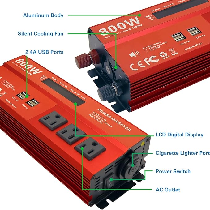 800W Peak 1600W Power inverters for Vehicles,Peak 1600 watt, Car 12V DC to 110V AC Converter 4x2.4A USB Ports Car Charger with 1 Cigarette Lighter Ports,LCD Digital Display