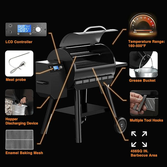 LCD Control Wood Pellet Smoker Grill, 700 SQ. IN Cook Area, Pellet Grill with Auto Feed & Leaking Waste, 500°F Max Temperature, 8 in 1 BBQ Grill with Meat Probe, Side Table with Hooks(Black)