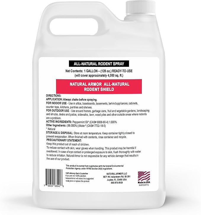 Natural Armor Peppermint Repellent for Mice/Mouse, Rats & Rodents. Natural Spray for Indoor & Outdoor Use Rodent Shield - 128 Fl Oz Gallon Refill
