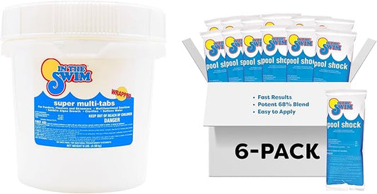In The Swim Chlorine and Shock Bundle for Sanitizing Swimming Pools – Includes 9 Pound Bucket of 5-in-1 Super Multi-Tablets and 6 x 1 Pound Bags of 68% Cal-Hypo Pool Shock