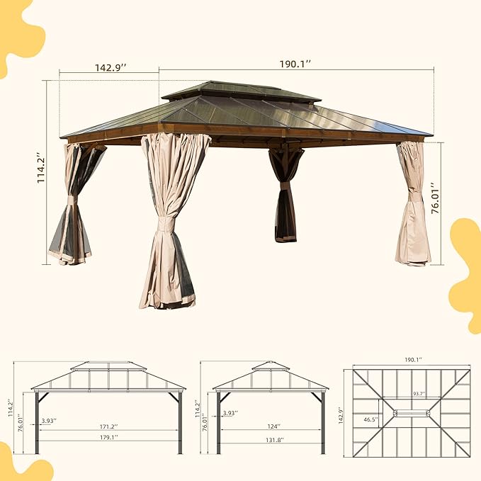 Domi 12' X 16' Hardtop Gazebo with Polycarbonate Double Roof, Aluminum Frame, Curtains & Netting, All-Weather Backyard Shade Structure for Patio, Garden, Deck, and Lawn, Wood-Look Finish