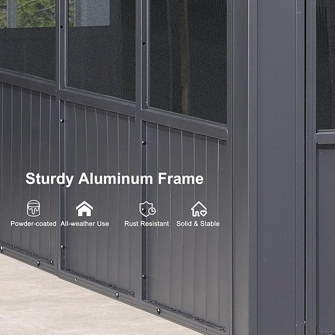 PURPLE LEAF 12' X 14' Solarium Sunroom Permanent Hardtop Gazebo Galvanized Steel Double Roof Aluminum Outdoor Screen House for Lawn Deck Backyard Grey
