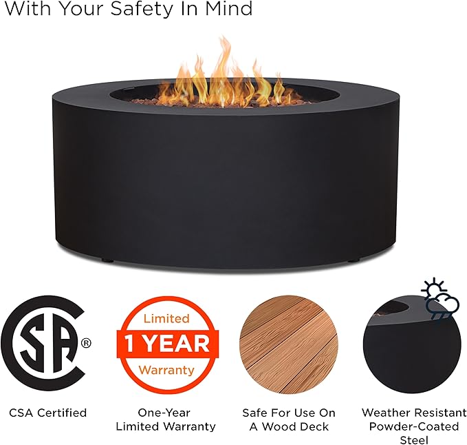 Real Flame Aegean 36" Round Propane or Natural Gas Fire Pit Table, 50,000 BTU, Powder-Coated Steel, Push-Button Ignition, CSA Certified, Lava Rock, Storage Cover, Stainless Steel Burner with Lid