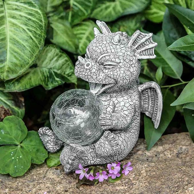 Jy.Cozy Garden Dragon Statue Solar Powered Outdoor Figurine Light Decor Cute and Hold Glowing Glass Ball Resin Sculpture Home Decoration for Porch Patio Lawn Farm Yard Housewarming Ornament Gift