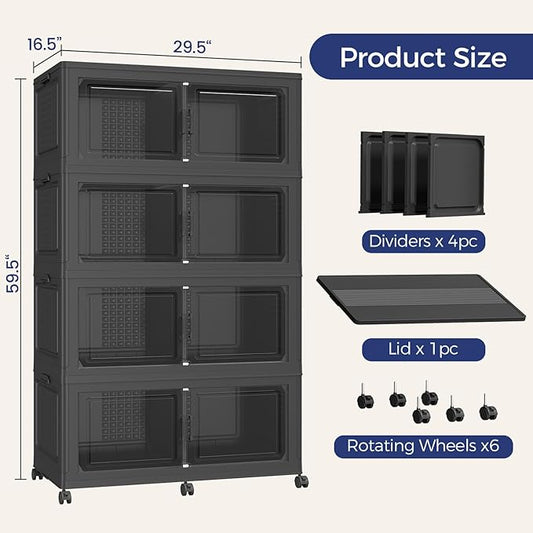 640 QT Extra Large Stackable Storage Bins with Lid, 160 Gal Collapsible Storage Box with Wheels, Folding Closet Organizers and Storage Cabinet with Doors for Home, Kitchen, Office, 4Pack Black