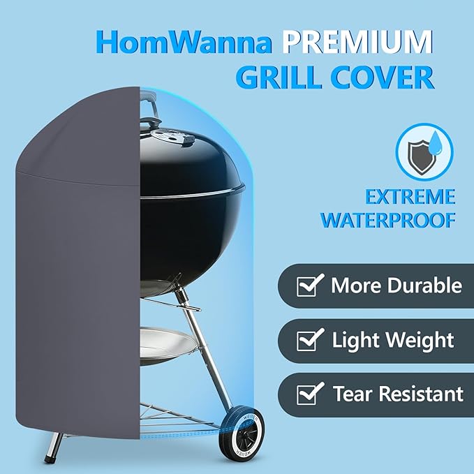 HomWanna 22 Inch Kettle Grill Cover - Superior Charcoal Cover for Weber Original and Master Touch - 600D Outdoor BBQ Cover for 22 Inch Weber Grills and More