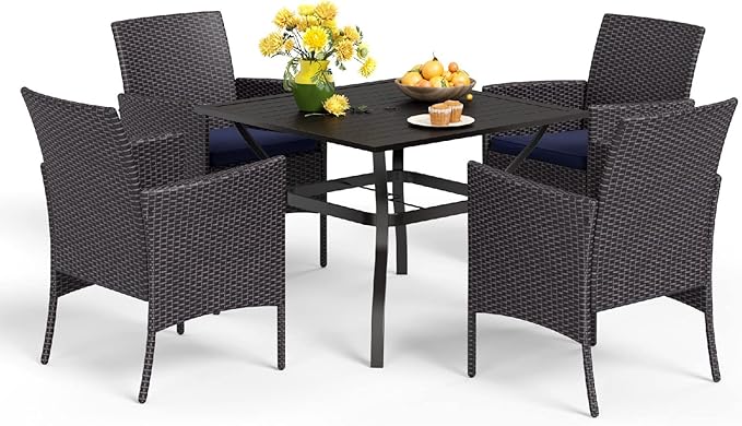MFSTUDIO 5 Piece Outdoor Dining Sets, Patio Table and Chairs for 4, Outdoor 37’‘ Square Metal Table with Chairs, Wicker Patio Dining Furniture Set, Deck