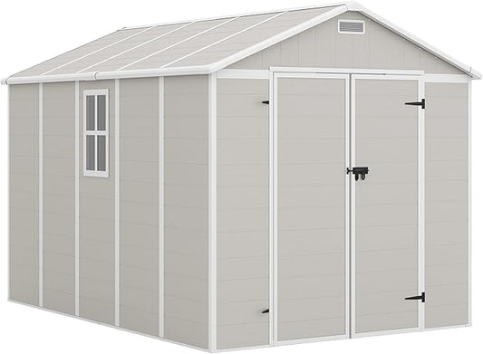 Amopatio 10x8 Storage Shed, Resin Outdoor Shed with Floor Included, Plastic Sheds Outdoor Storage for Bike, Garden Tools, Sheds & Outdoor Storage with Lockable Door, Window & Vents, Sandstone