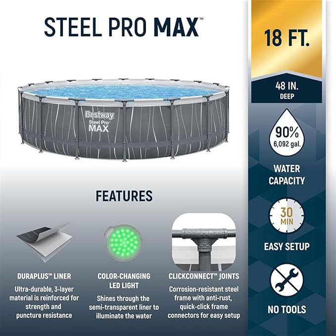 Bestway Steel Pro MAX 18 Foot x 48 Inches Metal Frame Above Ground Round Swimming Pool Set with LED Light, Remote Control, Ladder, and Pool Cover