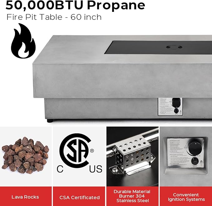 60 Inch Outdoor Propane Fire Pit Table with Wind Guard, 50,000 BTU Natural Gas Firepit for Outside Patio Rectangular Concrete Fire Table with Steel Lid, Lava Rock, Rain Cover