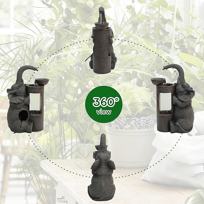 Tankana Elephant Waterfall Fountain for Indoor Desktop & Outdoor Use Small Garden Water Feature with LED Light Quiet Mini Cute Table Water Fountains for Patio, Yard, Home Decor
