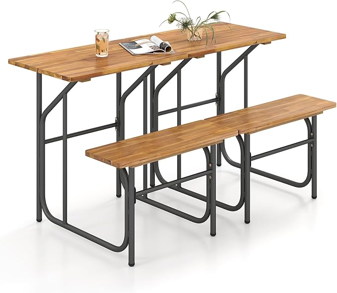 Tangkula Patio Dining Bench Set, Heavy-Duty Outdoor Acacia Wood Dining Furniture with Metal Legs for Balcony, Backyard, Poolside, Garden (2,32” x 27.5” x 29.5”)
