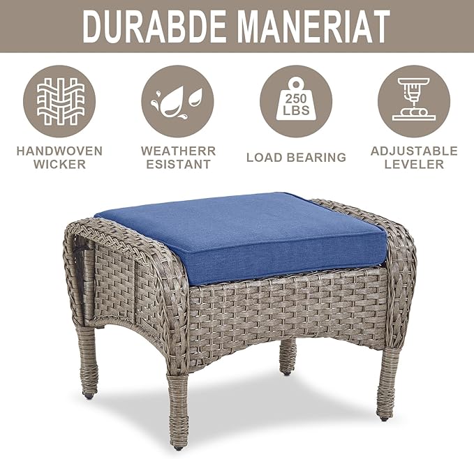 5 Piece Swivel Rocker Glider Outdoor Chairs Set of 2 with Ottoman and Glass Side Table Patio Bistro Furniture Set, Comfort High Back Wicker Patio Conversation Set for Deck Porch Sunroom