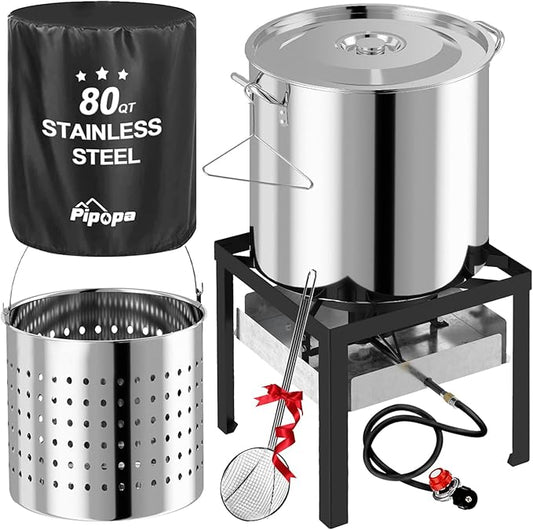 80QT Stainless Steel Crawfish Boiler | Seafood Boiling Kit | Cover & 18" Skimmer Included | 110,000BTU Propane Jet Burner | 20 PSI CSA Certified Regulator | Crab Boil Pot for Outdoor Backyard Cooking