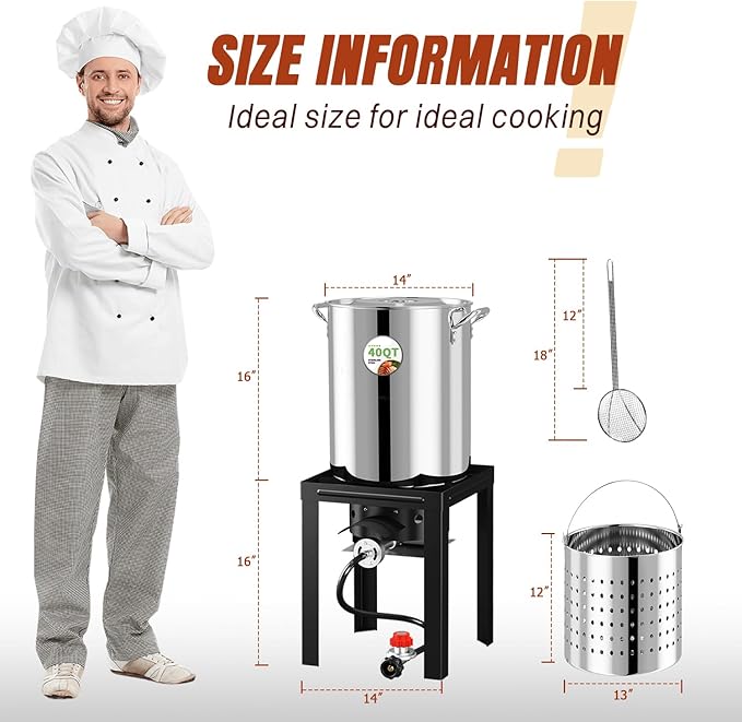 Stainless Steel 40QT Turkey Fryer Kit, Waterproof Cover & 12-inch Skimmer, 55,000BTU Propane Burner Stove, Turkey Fryer Pot, Outdoor Deep Fryer, Crawfish Boiler with 25QT Basket